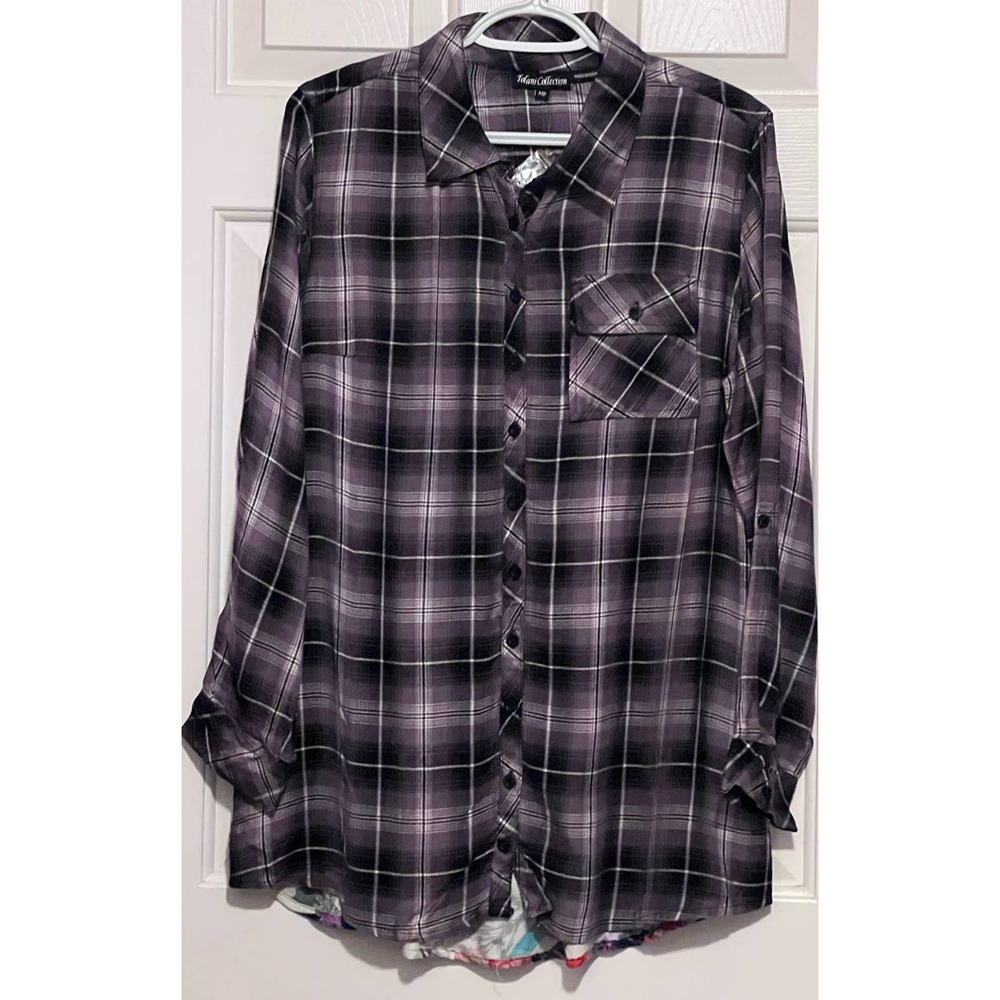 Tolani Collection Women's Long Sleeve Black Gray Plaid Front Floral Back Size MP